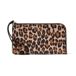 New Kate Spade Lucy Leopard Medium L Zip Wristlet Brown Multi